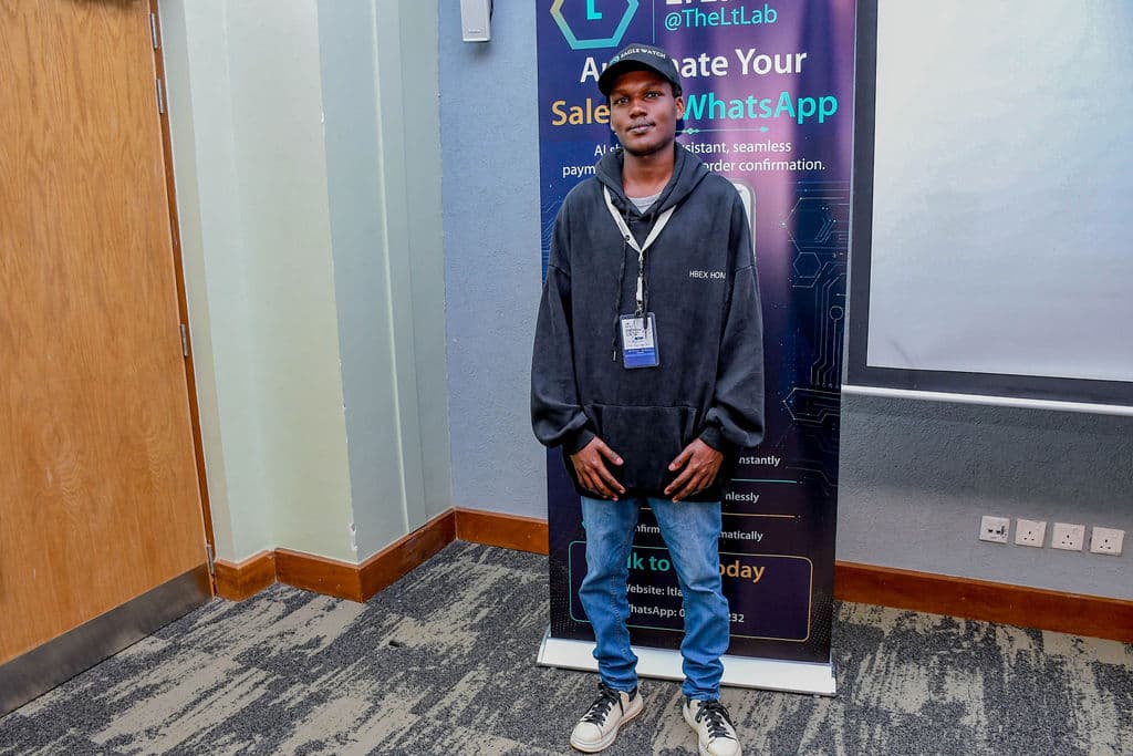 An attendee at a partner stand during a break