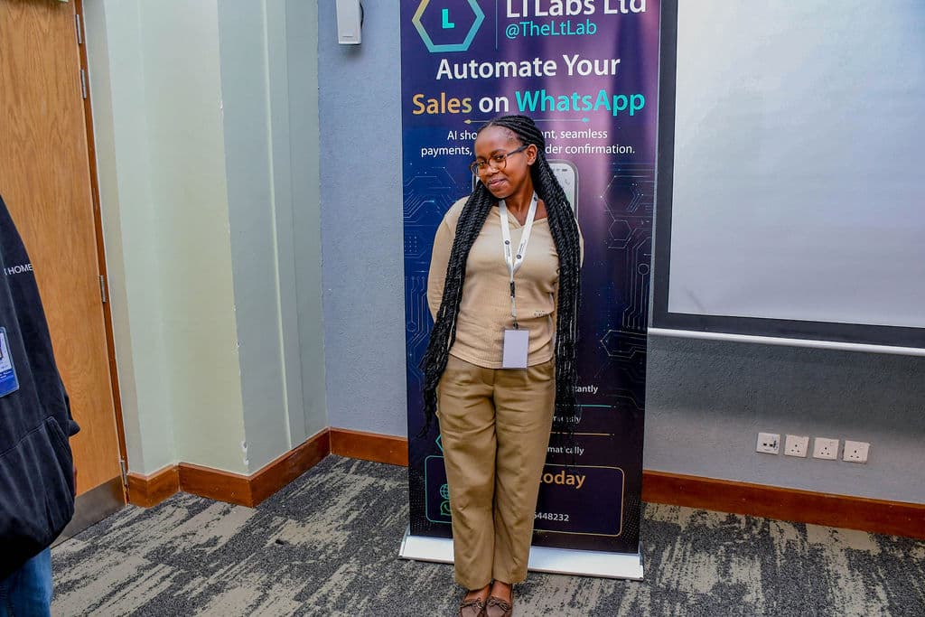 An attendee at a partner stand between talks