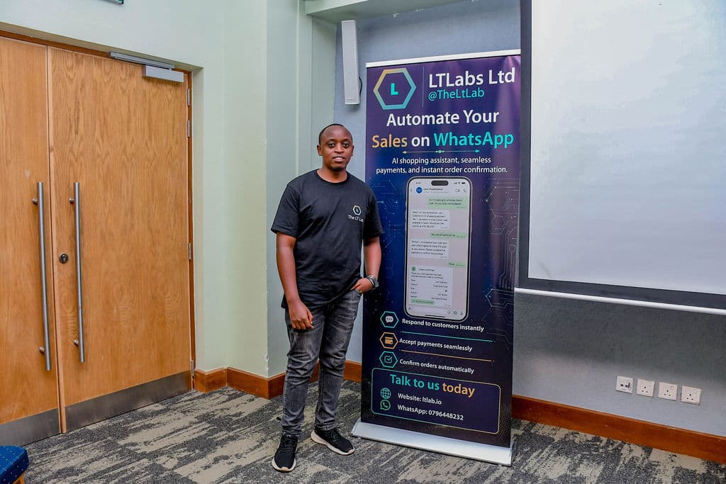 A full-length portrait of an attendee at a partner stand