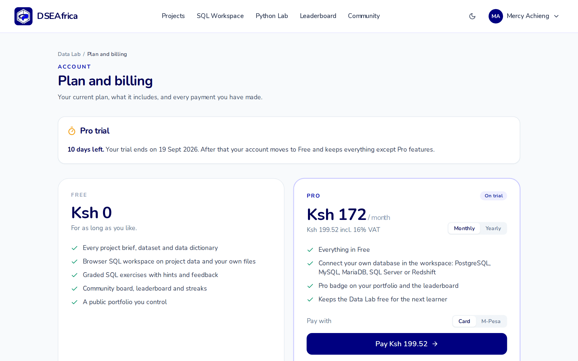 The Plan and billing page with the Free and Pro cards