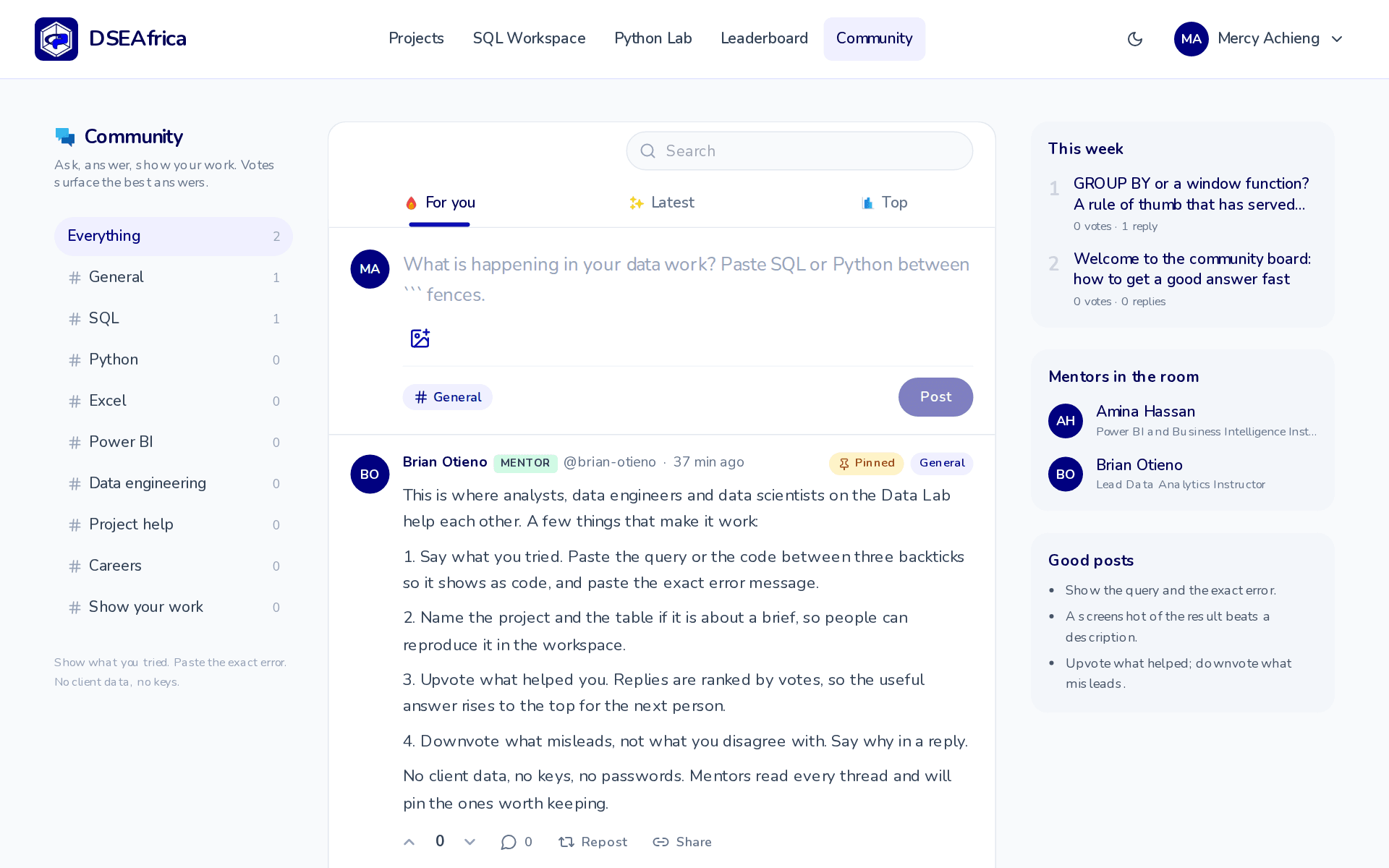 The community board with topics, the composer, and a pinned post from a mentor