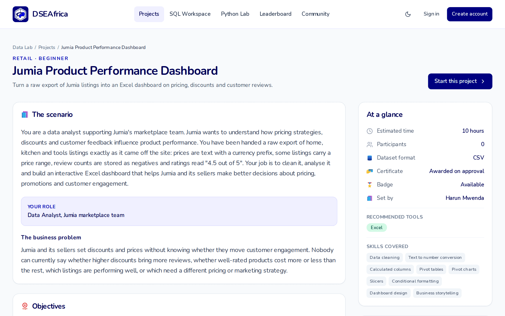 A project brief showing the scenario, your role, the business problem and an at-a-glance panel