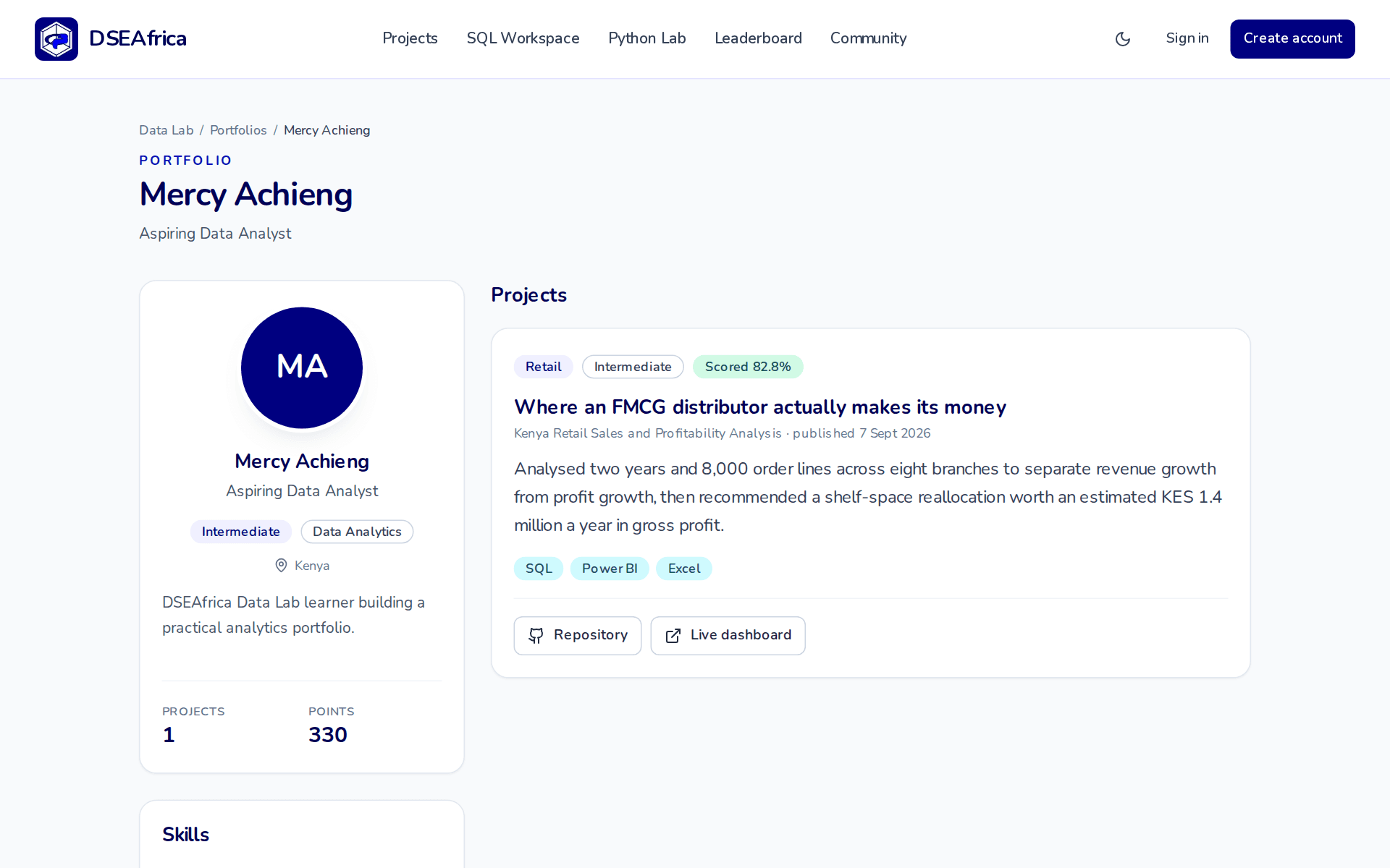 A public portfolio page with approved projects