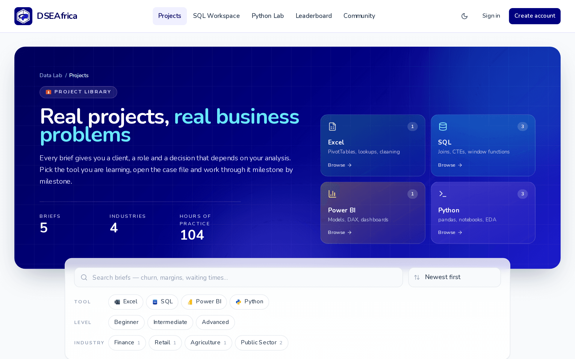 The project library with filter chips and project cards