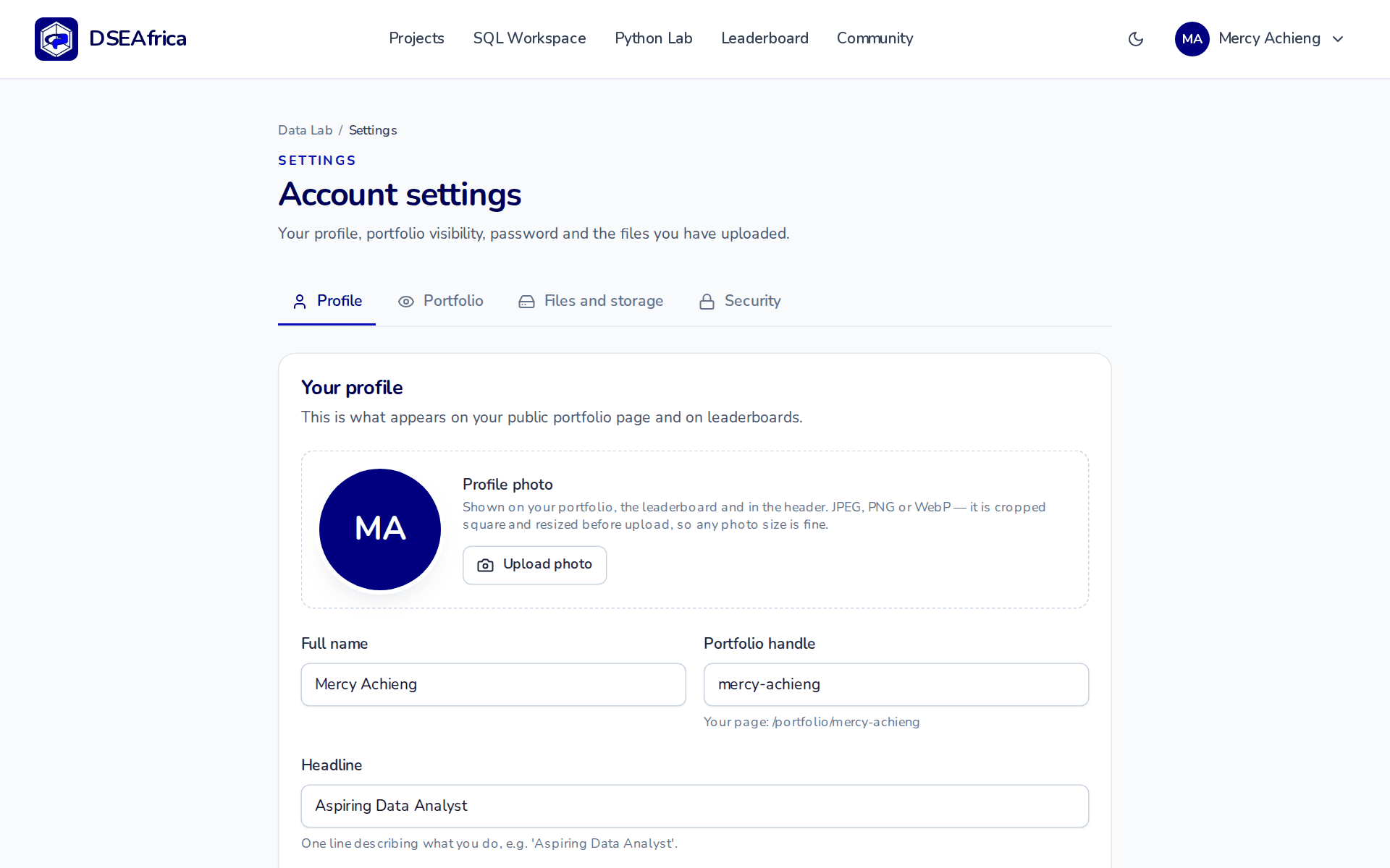 The settings page with Profile, Portfolio, Files and storage and Security tabs