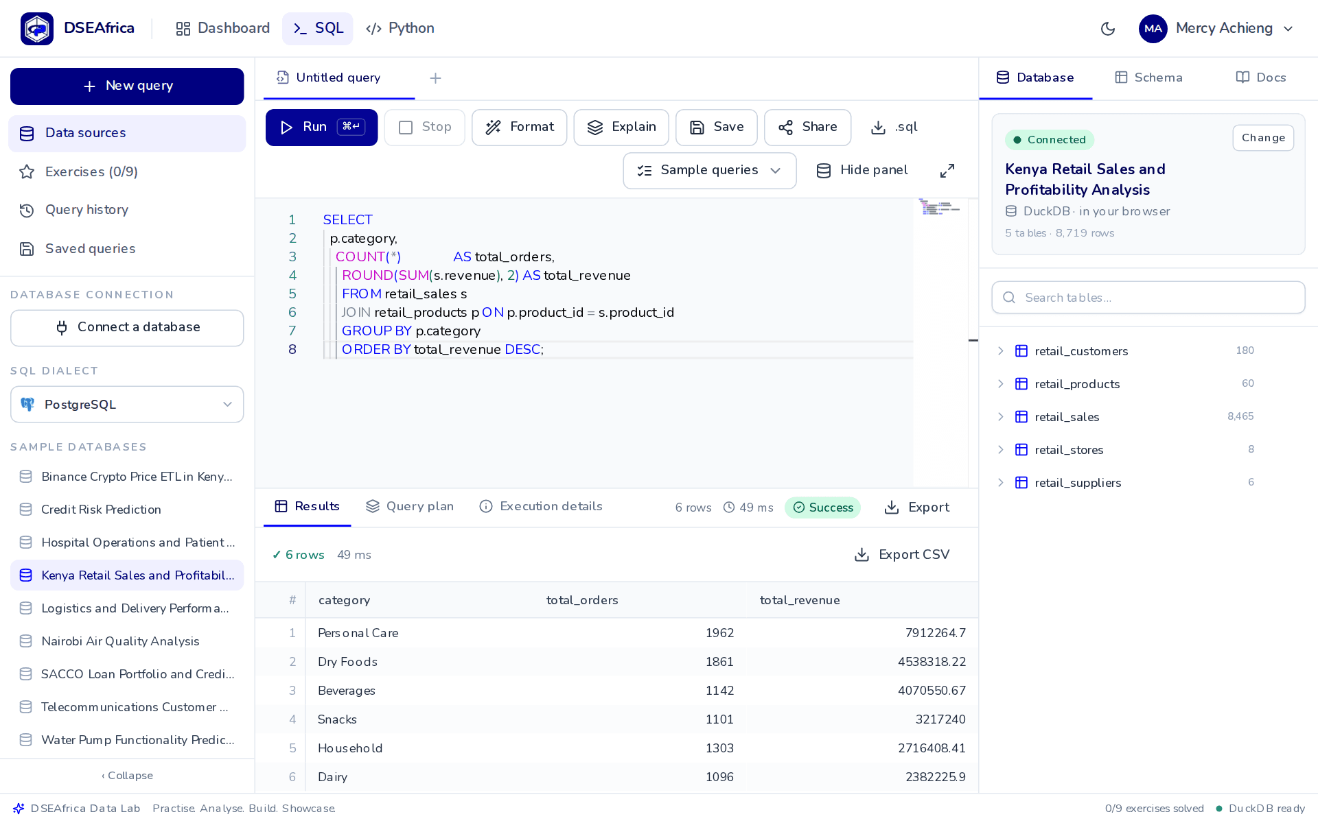 The SQL workspace with a query, its results, the data sources panel and the schema browser